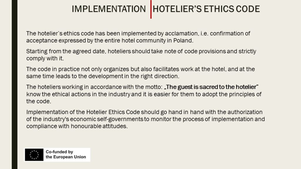 Implementation of the Hotelier Code of Ethics